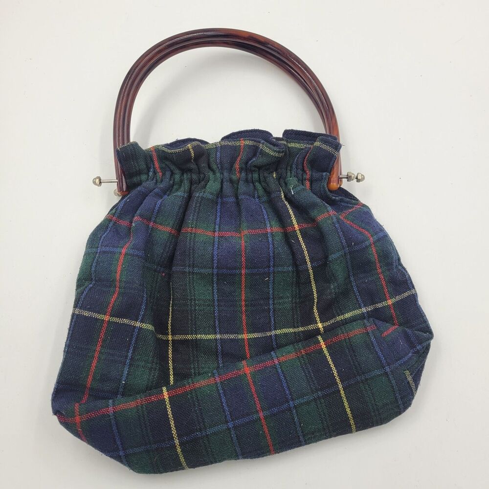 Vitg Tartan Plaid Purse w/ navy lining Handbag with Double Bakelite Handles